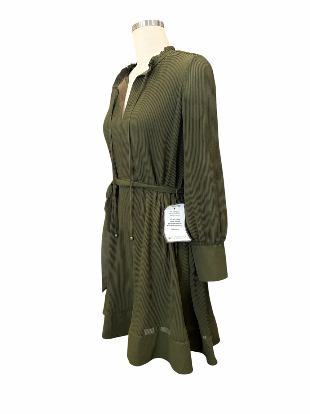 Eliza J Pleated Tie Waist Shift Dress Long Sleeve Split Neck Olive Green 6 NWT - Picture 4 of 14